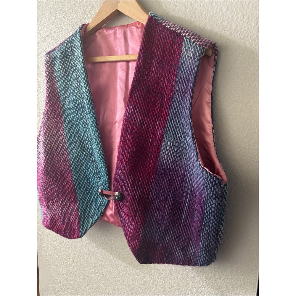 Women's SZ Large/XL Handwoven Multicolor Textured Vest w/Pink Lining Boho Ombre - Picture 4 of 12